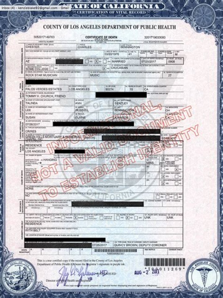 Chester Bennington’s Death Certificate Confirms Hanging By Belt — Doc – Hollywood Life