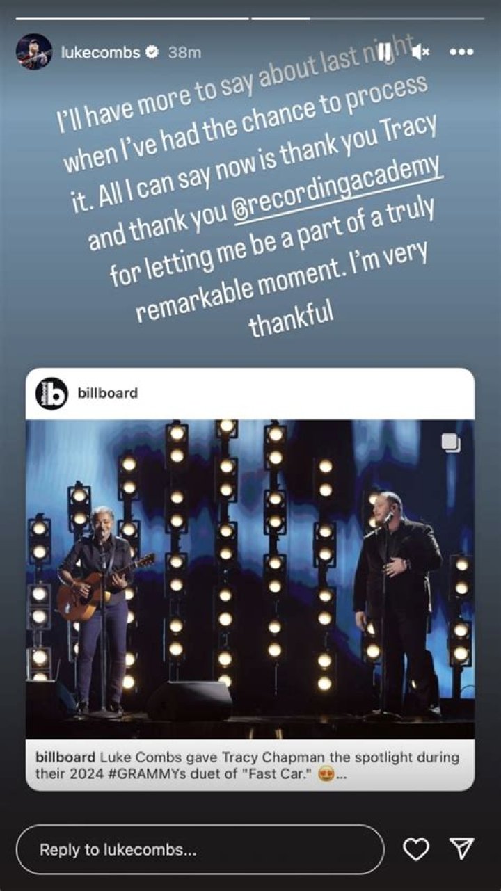 Luke Combs Praises Tracy Chapman After Their Grammys Duet in Touching Message: ‘We Were All in Awe of You’