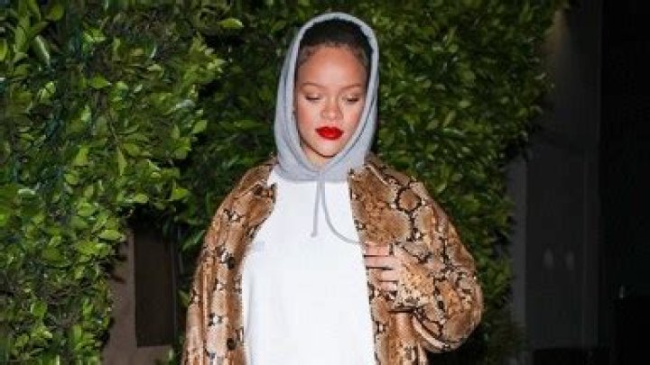 Pregnant Rihanna Rocks White Hoodie As Mini Dress & Snakeskin Jacket Out For Dinner: Photos