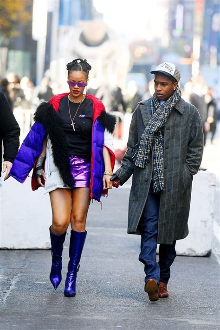 Rihanna Braves The Cold In A Purple Mini Skirt While Out With A$AP Rocky In NYC